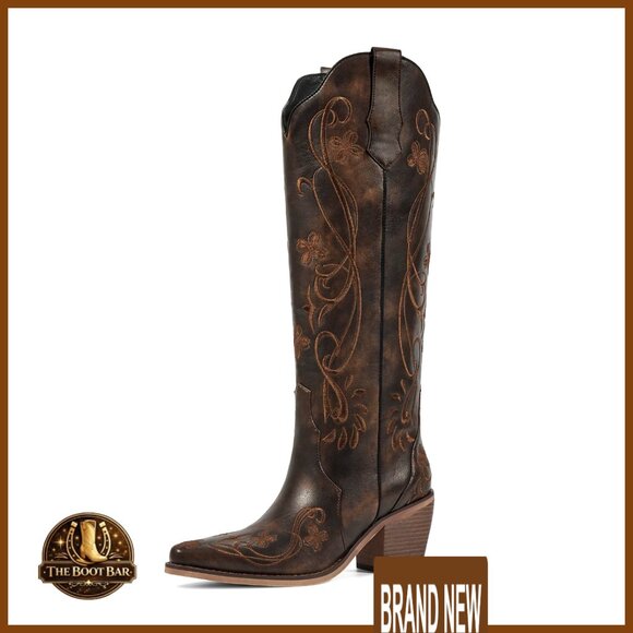 Floral Embroidered Knee High Cowboy Boots with Chunky Heel Pointed Toe